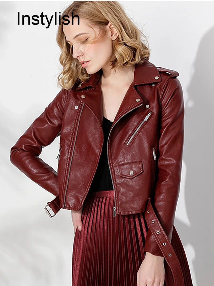 Women's Faux Leather Zipper Jacket - PU Leather, Crop Coat, Motorcycle Biker Outwear