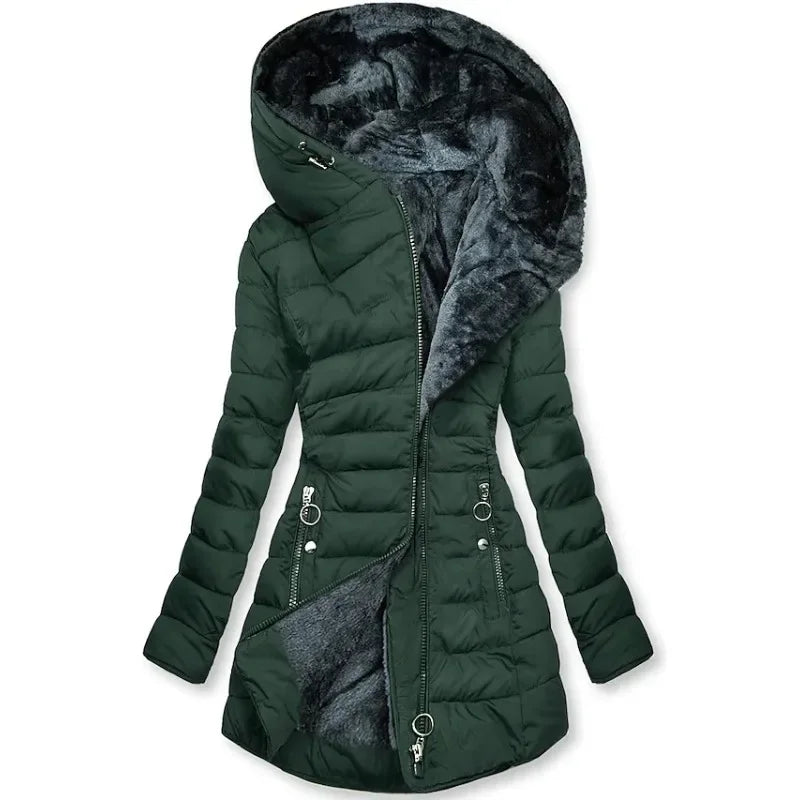 Zipper Slim-Fitting Parkas - Cotton-Padded Jacket, Trend Winter Warm Fur Collar Parkas, Women's Long-Sleeve Hooded Coats