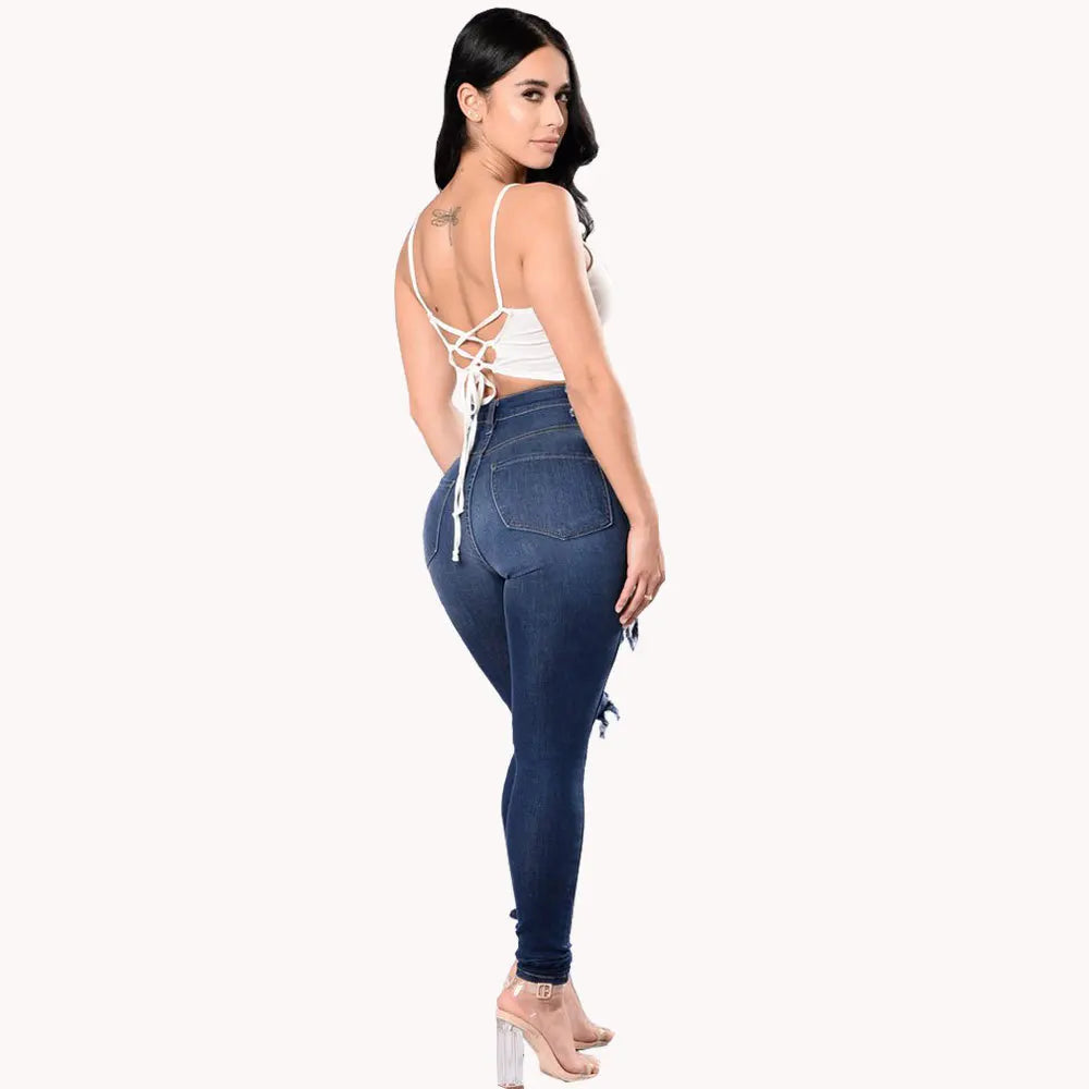 Autumn High Waist Ripped Jeans Stretch Skinny Pencil