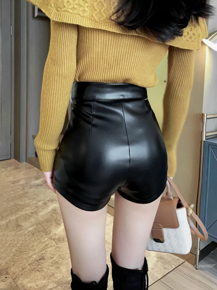 Pu Leather High Waisted Shorts Women's Slim Skinny Bottom Tight Bag