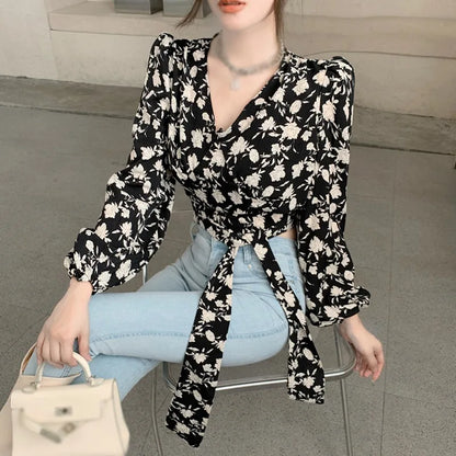 Spring Autumn Women's Floral Print Blouse V Neck Sexy Lace Exposed Navel Long Sleeves Chiffon Shirts Tops