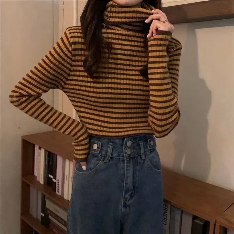 Women's Striped Turtleneck Sweater Autumn and Winter Knit Sweater 2023 Women's Long Sleeve Striped Sweater Turtleneck Sweater