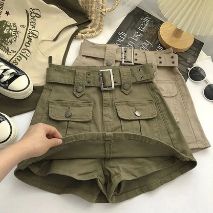 Y2K Streetwear Cargo Mini Skirt Women's High Waist Belt Denim Shorts