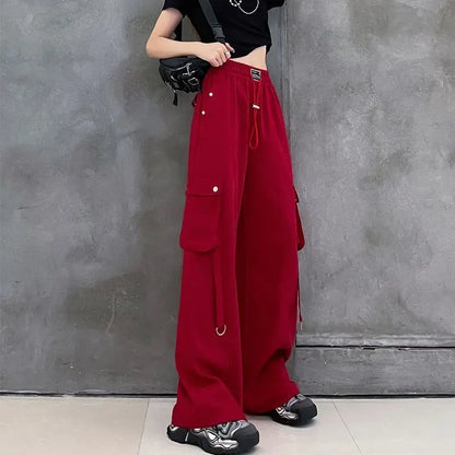 Hip Hop Fashion Women's Red Cargo Pants Streetwear Vintage