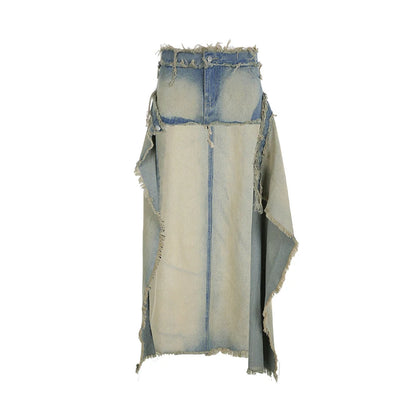 Fashion Washed Burr Women's Denim Skirt Button Tassels Mini