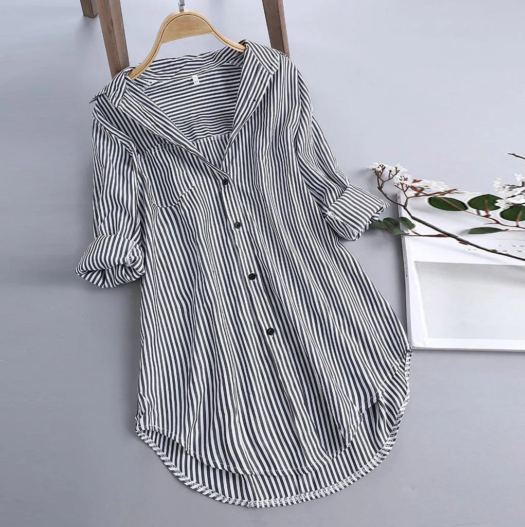 Plus Size Women Tunic Shirts Stripe Blouse Spring Autumn Ladies Large Size Button V Neck Long Sleeve Shirt Blouse Blusas 5xl