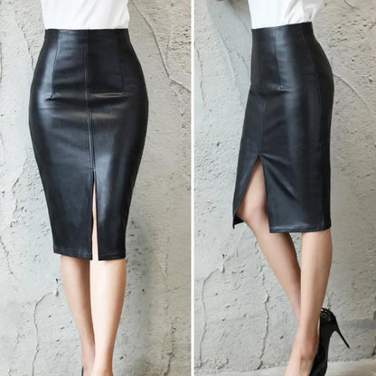 Pu Leather Long Skirt Black Pencil Skirt Women's High Waist Slim