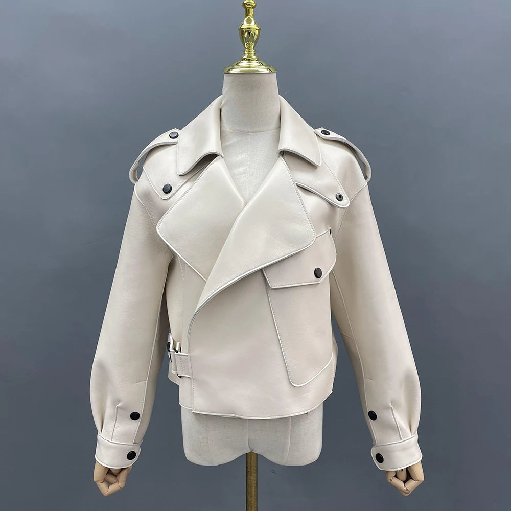 White Real Sheepskin Leather Jacket - Fashion Loose Short