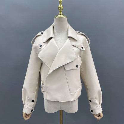 White Real Sheepskin Leather Jacket - Fashion Loose Short