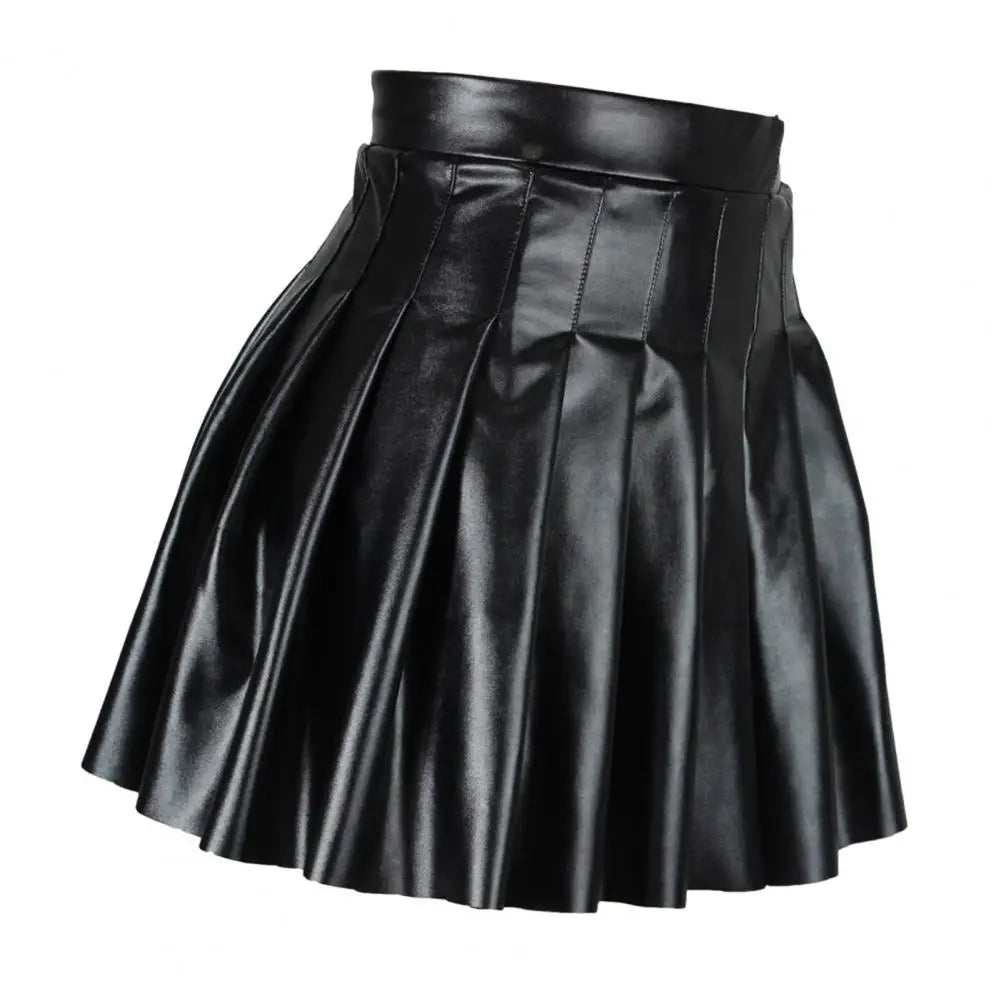 Skirt Chic Faux Leather Pleated Skirts Women's High-Waisted A-Line Clubwear