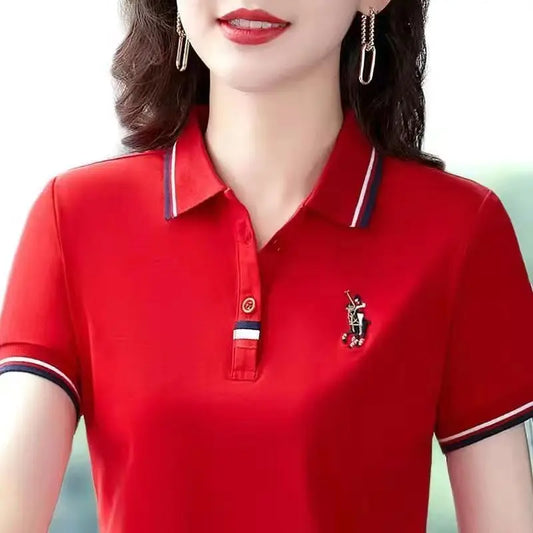 Women's Short Sleeve T-shirt 2024 New Middle-Aged Women's Lapel T-shirt Loose Female's Embroidery Contrast Polo Shirt