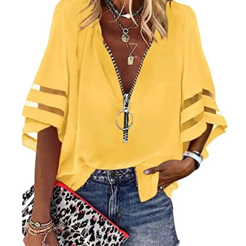 Casual Women's Shirt Top 2023 Summer Sexy V-Neck Zipper 3/4 Flare Sleeve Solid Color Patched Loose Blouse Women Clothing S-XXL