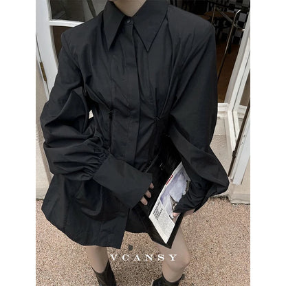 MEXZT Y2K Black Shirts Women Gothic Harajuku Zipper Long Sleeve Blouses Office Ladies Fashion Korean Elegant Tunic Chic Tops New