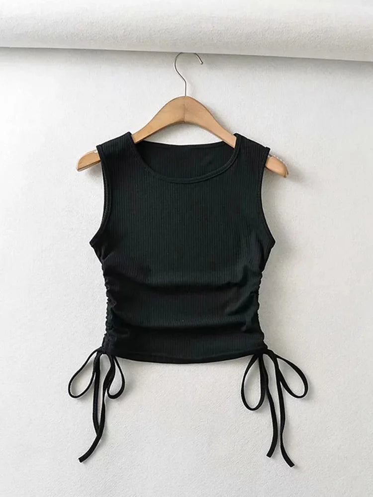 2024 Summer NEW Arrival Women Solid Color Sexy Causal Crop Top With String Both Side Club For Fashion Ladies