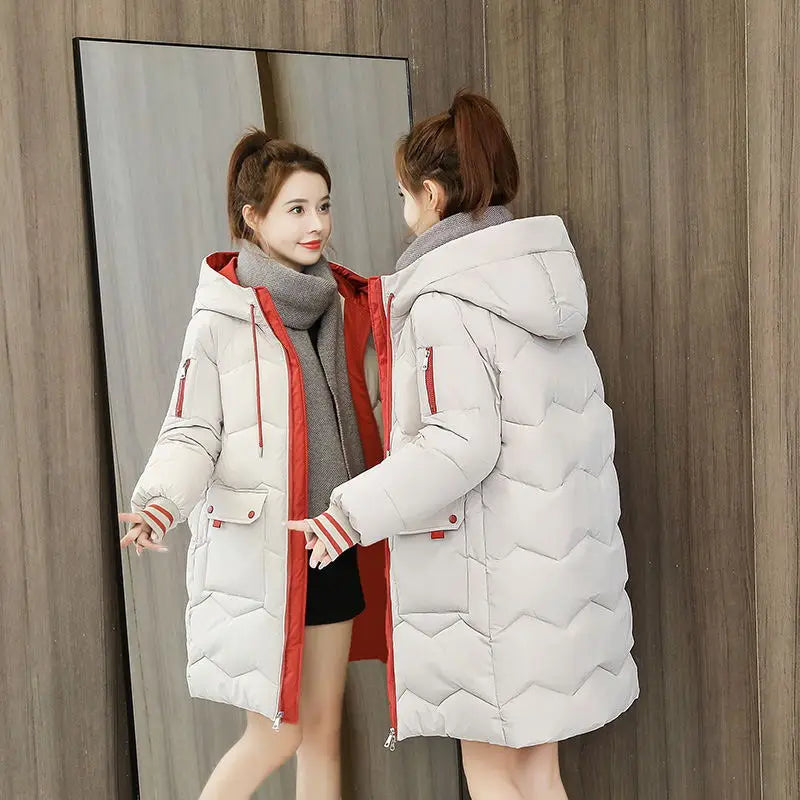 Winter Coat Mid-length Parkas - Cotton Padded Hooded, Warm Casual Overcoat