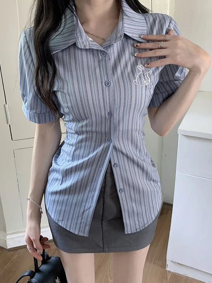 Jmprs Vintage Striped Slim Shirt Women Korean Short Sleeve Casual Blouse Summer Design Embroidery Sweet High Quality Retro Tops