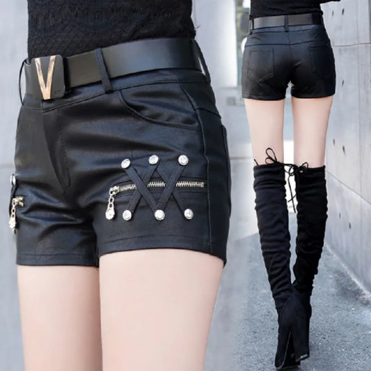 Faux Leather Shorts Women's Fashion Punk Metal Rivet Zippers