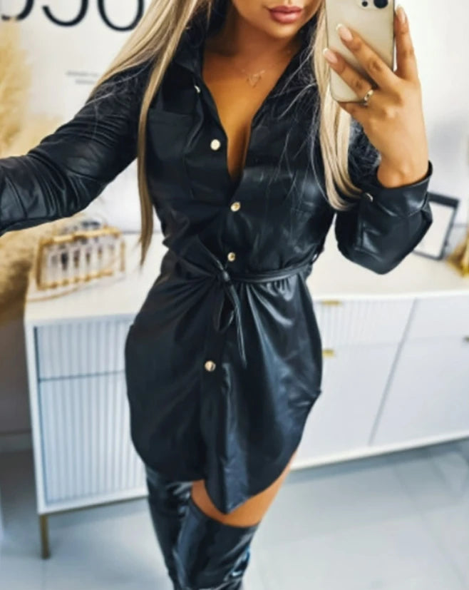 Tie Detail Slit Pu Leather Shirt Dress - Spring Button Down Collar Mini Dress