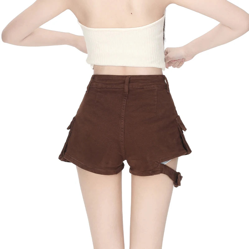 Denim Shorts Women's Pockets Brown High Waist A-Line Streetwear