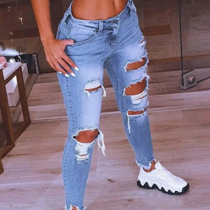 Stylish Trousers Washable Zipper Closure Women's Ripped Holes Skinny Jeans Women