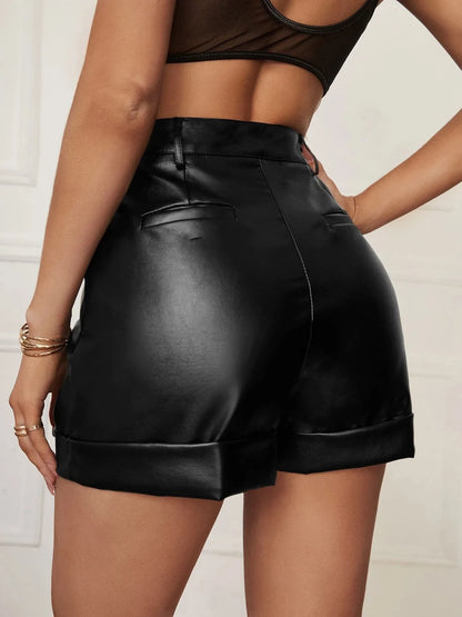 Pu Leather Shorts Woman All Season Ladies Mid Waist