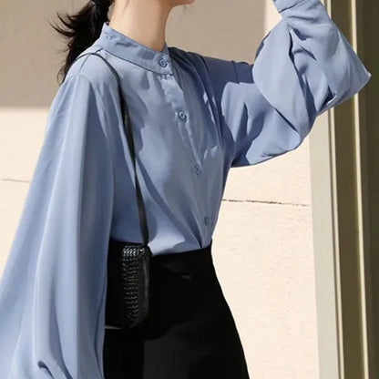 Women Solid Shirt Elegant Stand Collar Lantern Long Sleeve Female Blouse Summer Korean Fashion Office Button Ladies Tops