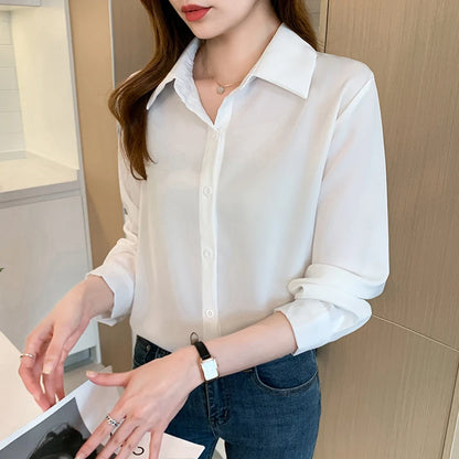 Fashion elegant satin shirts solid color ladies shirts causal Women's Blouses Spring Long Sleeve Shirts Tops Blusas Mujer