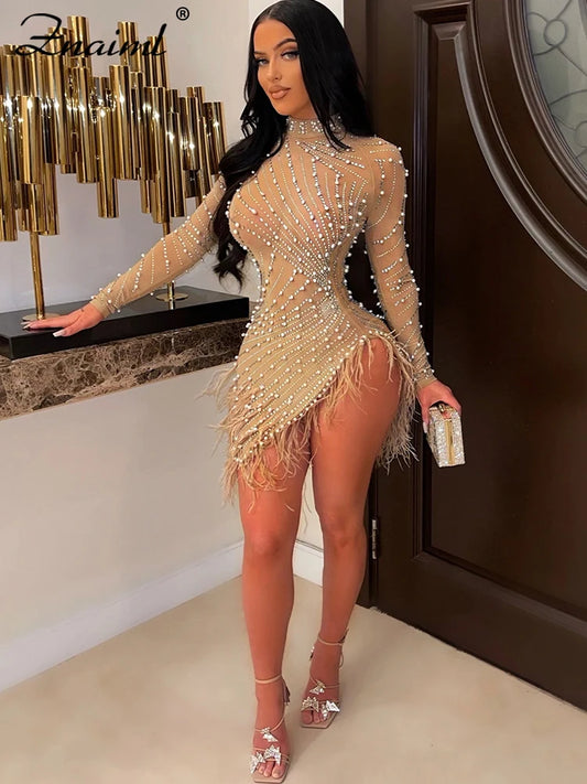 Znaiml Luxury Evening Dress - 2023 Celebrity Feathers, Sheer Mesh Short Dress, Sexy Pearls Rhinestones, Party Birthday Vestidos