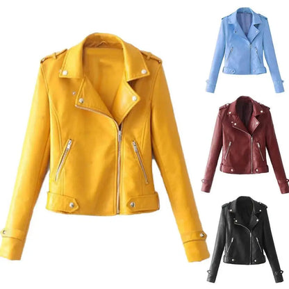 Plus Size Cool Short Jacket Autumn Zipper PU Leather Coat Black Slim Fit