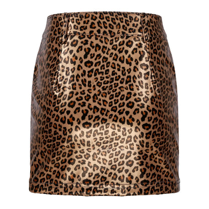 Leopard Print Patent Leather Mini Skirt High Waist