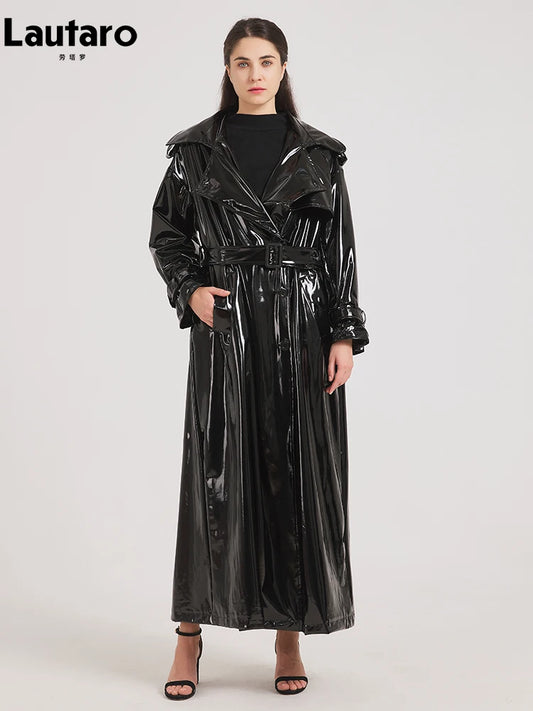 Extra Long Black Patent Leather Trench Coat - Women’s Shiny Reflective Maxi Overcoat