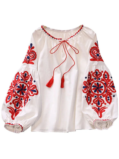 EWQ Sweet Style Women Pullover Shirts Embroidery Patchwork Bandage V-neck Lantern Sleeve Spring Summer 2023 New Blouse SN0452