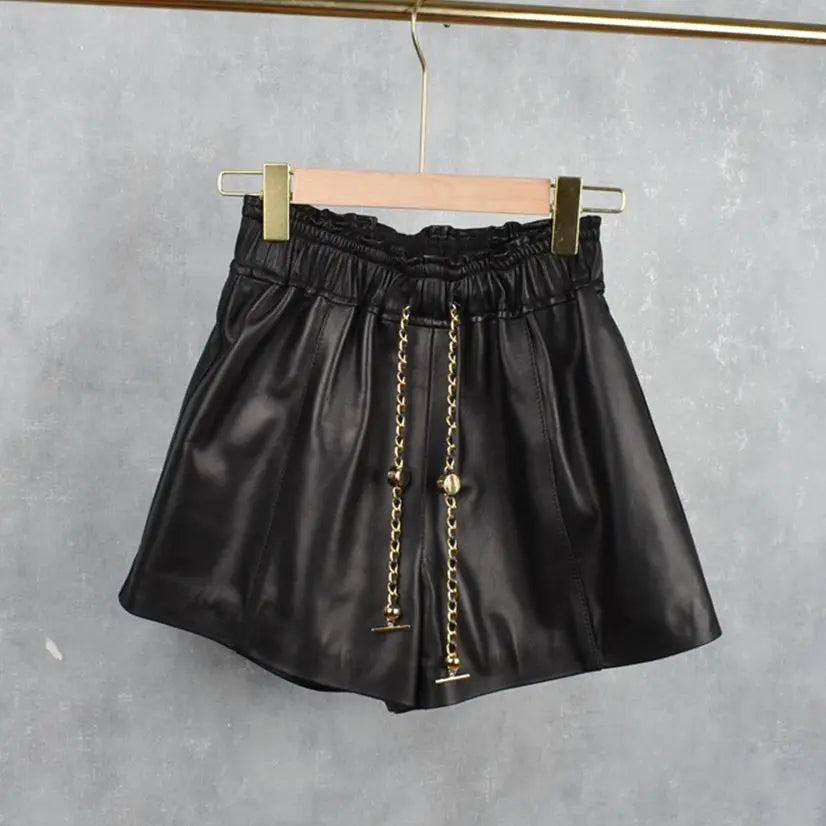 Women's Leather Shorts Sheep Skin Elastic Waist Wide Leg