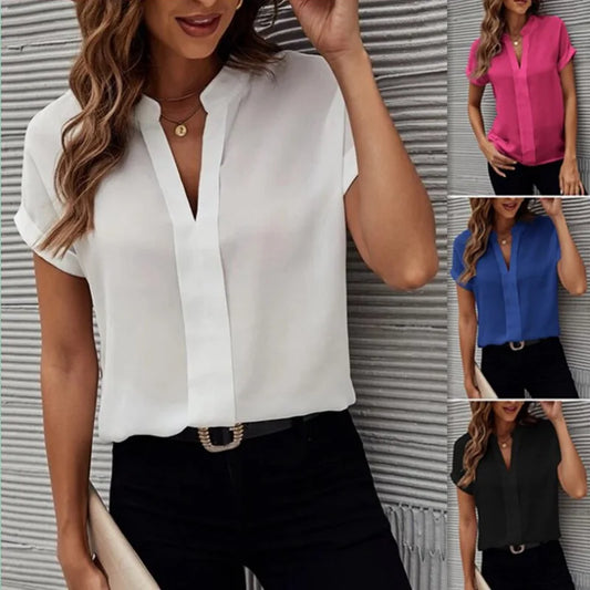 Elegant Blouse Fashion Shirts 2023 Summer Solid Short Sleeve V-Neck Tops Female Commuter Office Chiffon Shirt S-XXXXXL