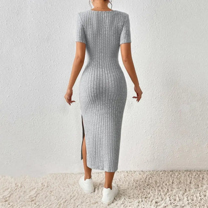 Solid Color Square Neckline Dress Elegant Knitted Midi Dress Women Party Commute Dress