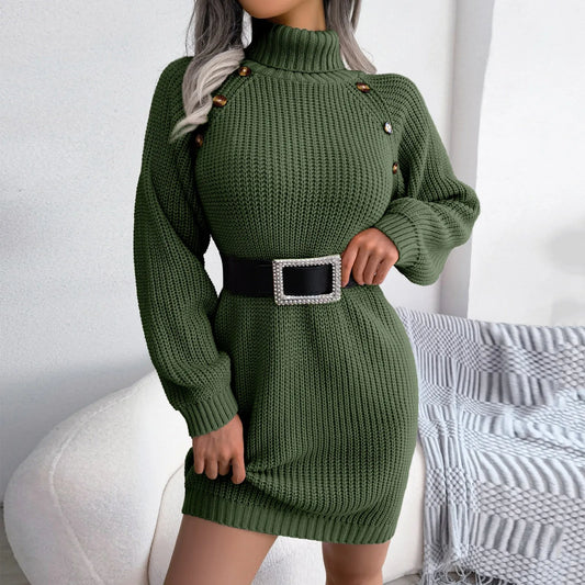 Women's Fashion Casual Long Sleeve Solid Color Knitted Turtleneck Puff Ribbed Knit Button Decoration Short Dress Sweater