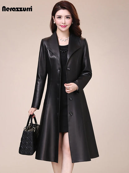 Nerazzurri Spring Autumn Long Black Soft Faux Leather Coat Women Slim Fit 2021