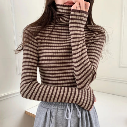 Women's Striped Turtleneck Sweater Autumn and Winter Knit Sweater 2023 Women's Long Sleeve Striped Sweater Turtleneck Sweater