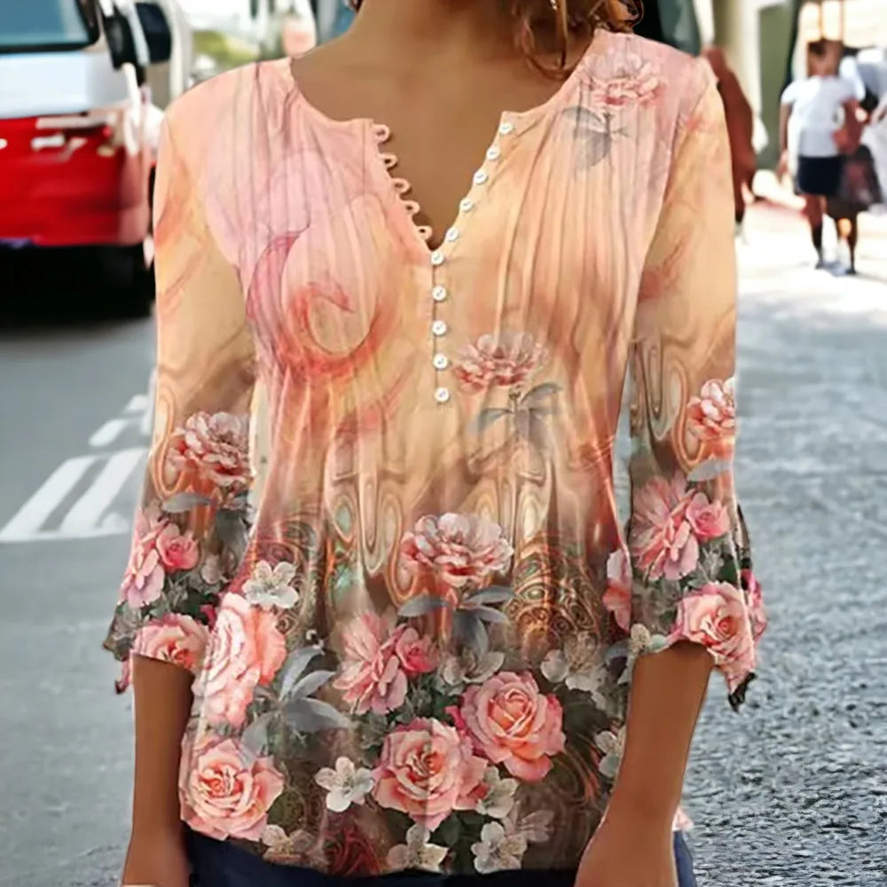 V-Neck Elegant Office Lady Blouses Tops Blusas 2024 Casual Trendy Summer Blouses Print Three Quarter Buttons Women Shirts