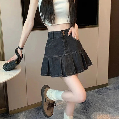 High Waist Mini Jean Skirts Summer A-Line Pleated