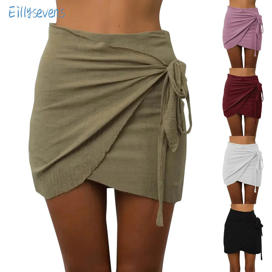 Lace-Up Wrap Skirts Casual Classic Cotton Linen Solid