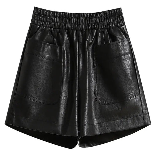 Spring And Winter New Women's Spliced Pocket Fashion Solid Color Leather Shorts