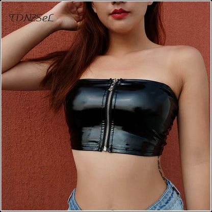 Women PU Leather Tube Bra Crop Tops Black Sexy Strapless Front Zipper Faux Leather Tank Top Nightclub Non-Padded Bra Tube Custom