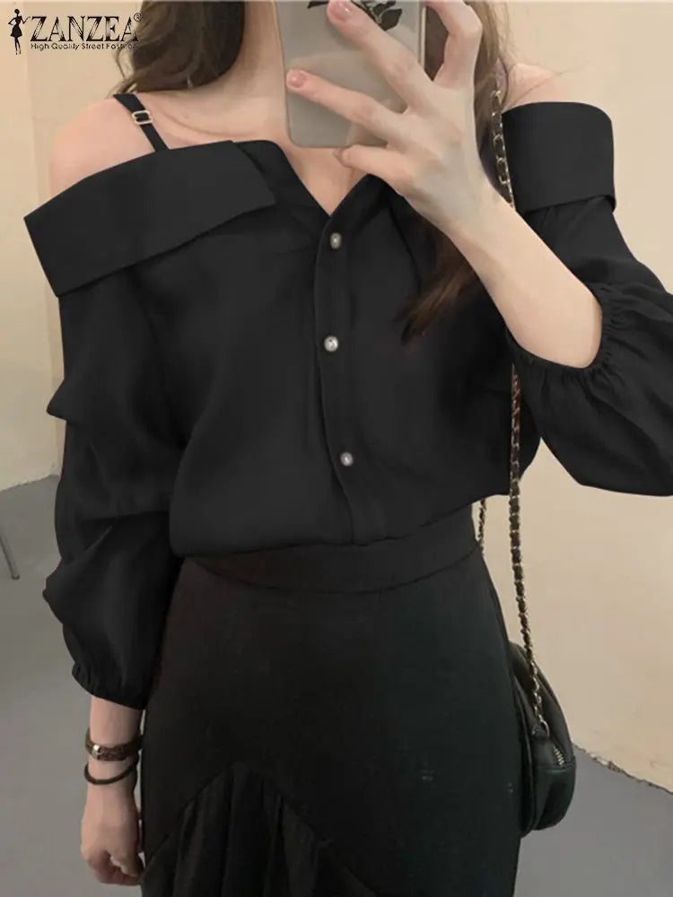 ZANZEA 2023 Fashion Shirts Women Sexy Off Shoulder Blouse Summer Casual Straps Button Tops Long Sleeve Pleated Solid Loose Tunic