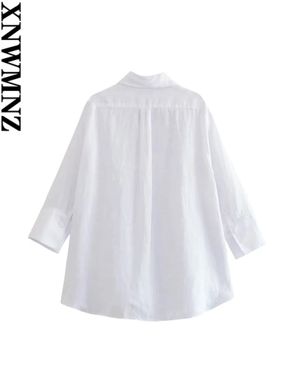 XNWMNZ Women's Fashion 2023 Asymmetric Hem Linen Shirt Women Casual Versatile Lapel Long Sleeve Front Button Female Top