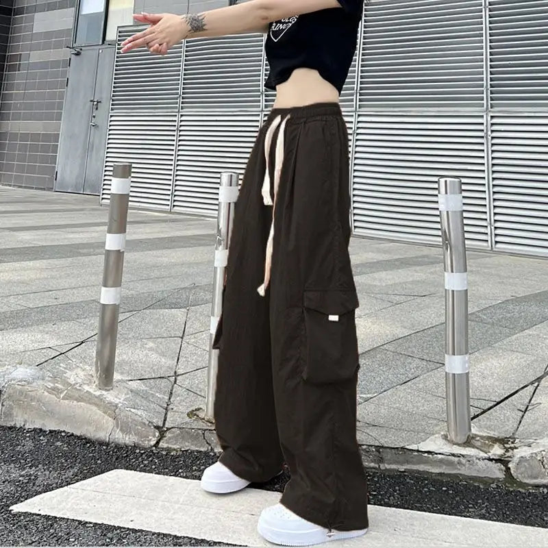 Streetwear Women's Oversize Solid Cargo Pants Elastic Waist Drawcord Loose Harajuku