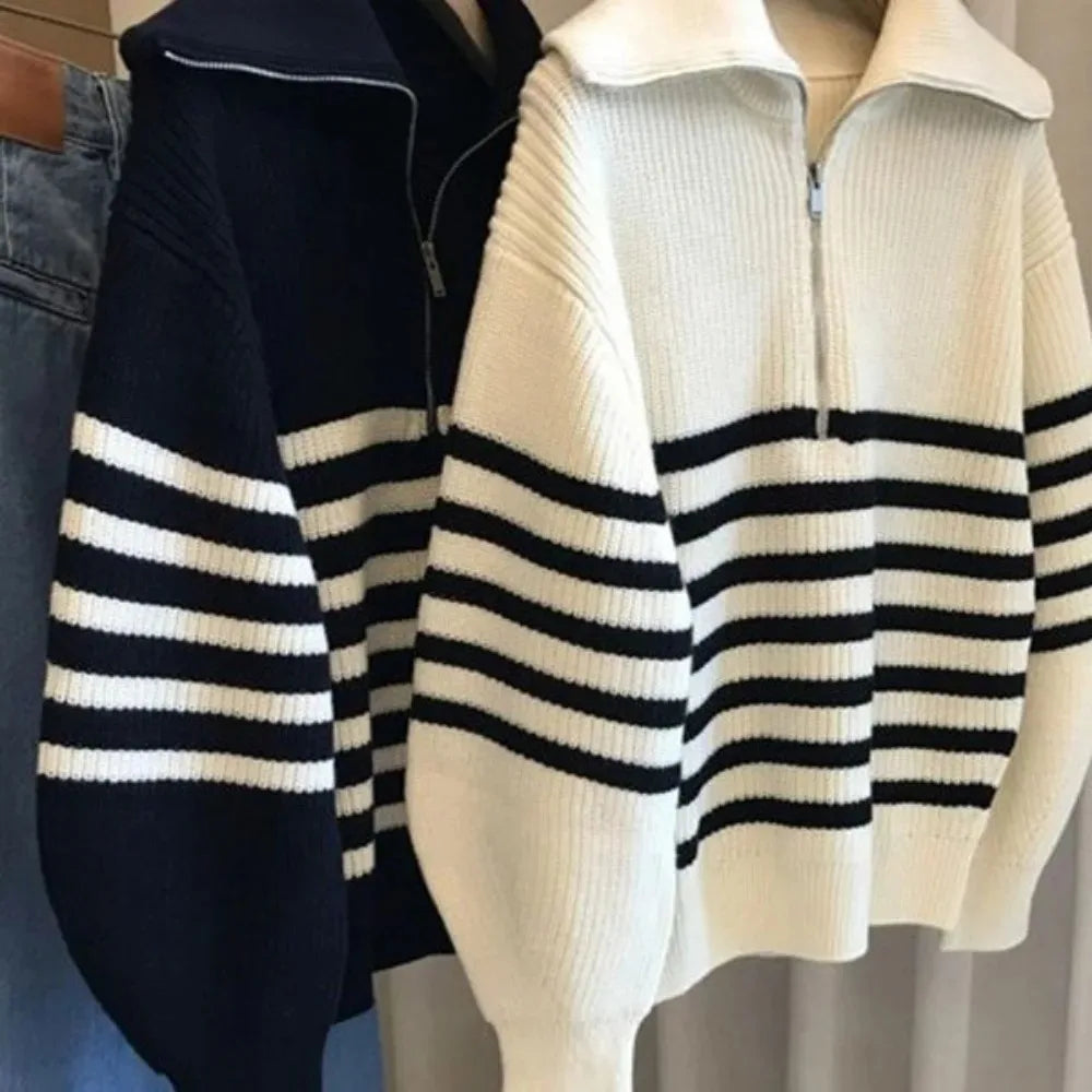 Women's Turtleneck Loose Lapel Striped Knitwear Women Pulovers New Simplicity Half Zipper Casual Fashion Women Sweaters 2024