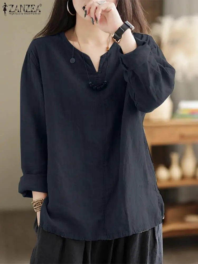 Vintage Women Cotton Blouse Spring V Neck Long Sleeve Tops 2023 ZANZEA Retro Solid Loose Shirt Female Work Tunic Blusas Mujer