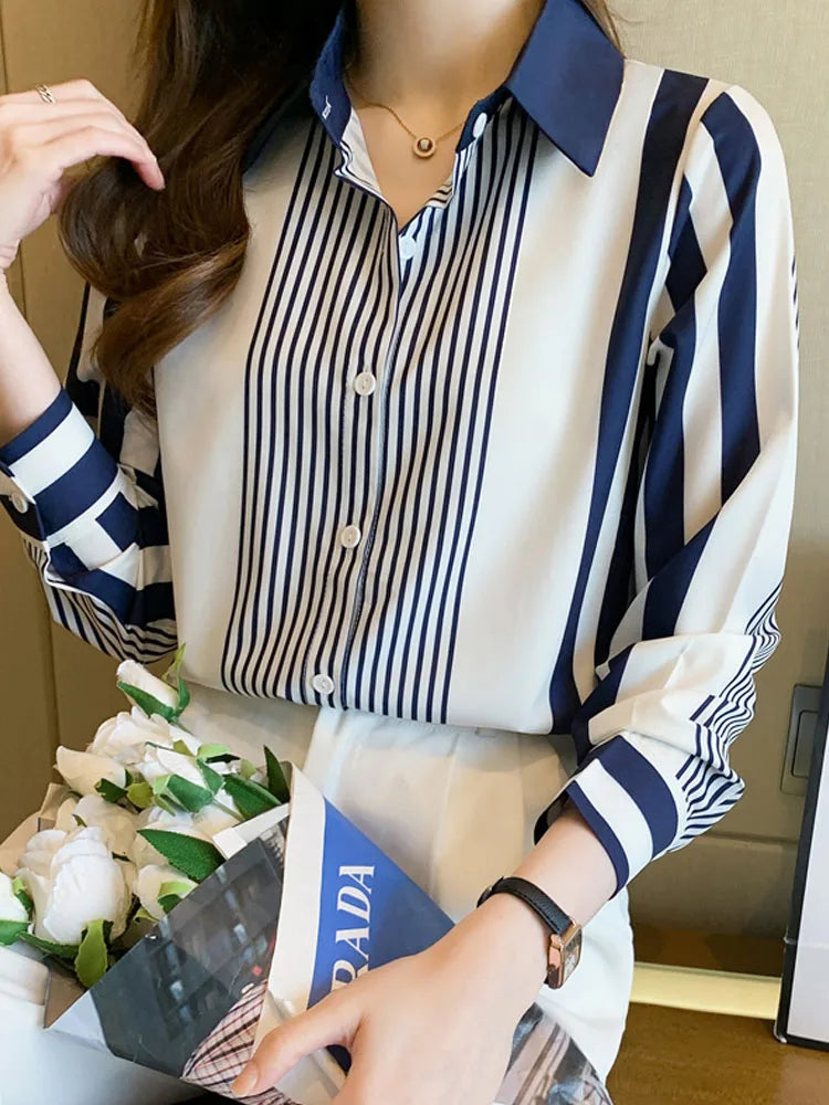 Long Sleeve Striped Chiffon Blouse Shirt Women Tops Blusas Mujer De Moda 2024 Turn Down Collar Blouse Women Blouses Shirts G316