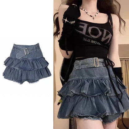 Y2K Vintage Women's Korean Pleated Belted Short Denim Mini Skirt